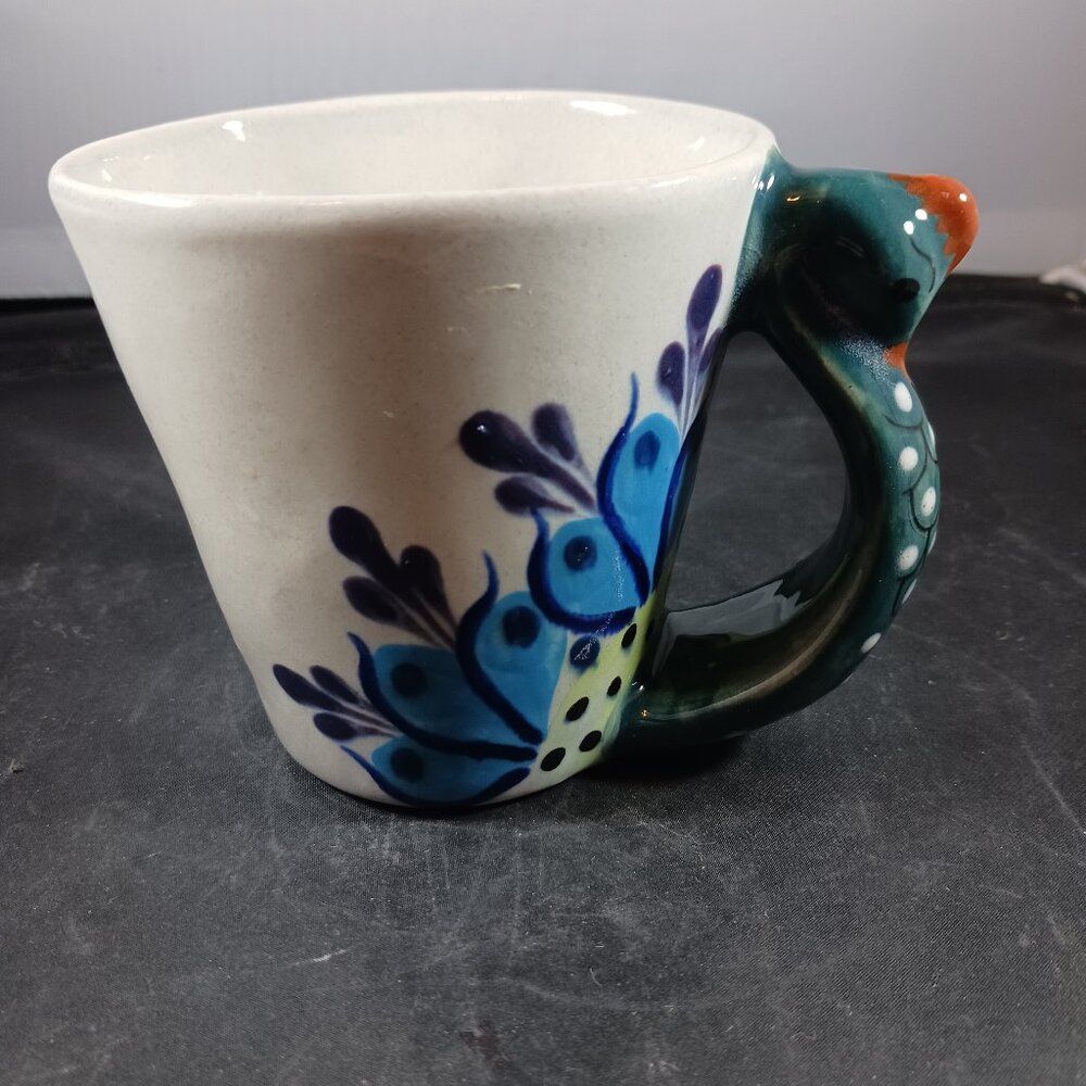 Vintage Hand-Painted Artisan Peacock Pottery Mug